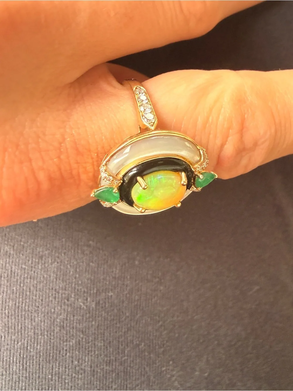 ✨Vintage Asch Grossbardt 14K Gold Opal, Mother-of-Pearl, Onyx & Emerald Ring Sz8